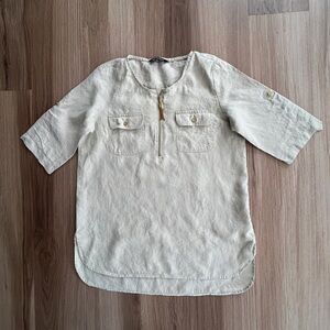 Ellen Tracy Linen Tunic Top Tassel Roll Tab Sleeve Tan Size M